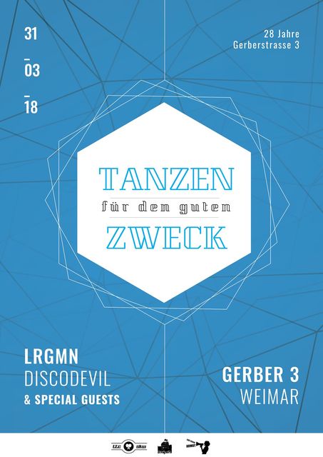 blaues Plakat für die Veranstaltung Tanzen für den guten Zweck am 31.März 2018 in der Gerber 3 Weimar